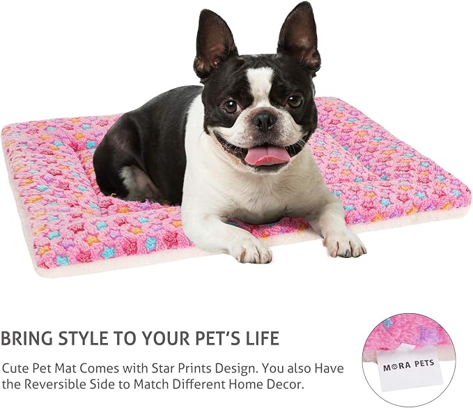 Mora Pets Dog Bed Crate Pad Ultra Soft Pet Bed with Cute Star Print Washable Crate Mat for Large Medium Small Dogs Reversible Fleece Dog Crate Kennel Mat Cat Bed Liner 23 x 18 inch Pink - Image 5