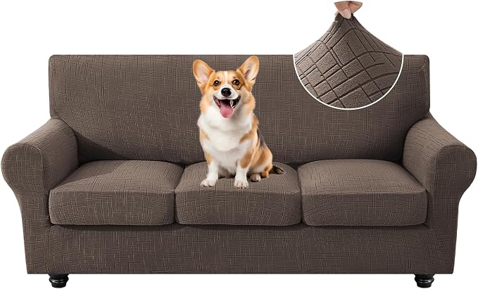 CYCMCAO 4 Piece Stretch Sofa Covers for 3 Cushion Couch, Non Slip Couch Covers for Sofa, Sofa Covers for Pets Washable, Couch Covers for Dogs,Kids (Light Brown), 71"-91" (3 Cushion Sofa) by CYCMACOHOME
