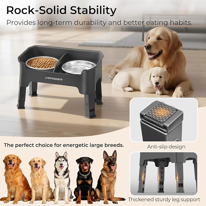 URPOWER Mess Proof Elevated Dog Bowls, Splash Guard Raised Bowl Stand | 4 Height Adjustable Raised Stand with 2 Stainless Steel Food Bowls & Licking Plate for Small, Medium & Large Dogs - Image 7