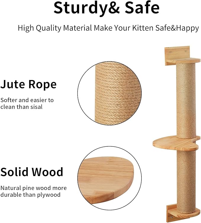 FUKUMARU Cat Activity Tree with Scratching Posts, Wall Mounted Jute Scratcher Pine Hammock | Solid Rubber Wood, Natural Jute Scratcher, Kitten Wall Furniture - Image 3