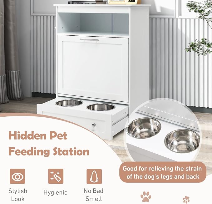 Dog Feeding Station Dogs Food Storage Cabinet Pet Feeder Container with 2 Thick 50oz Stainless Steel Raised Dog Food and Water Bowls, Pet Supply Organizer with Pet Toy Hangers, White - Image 4