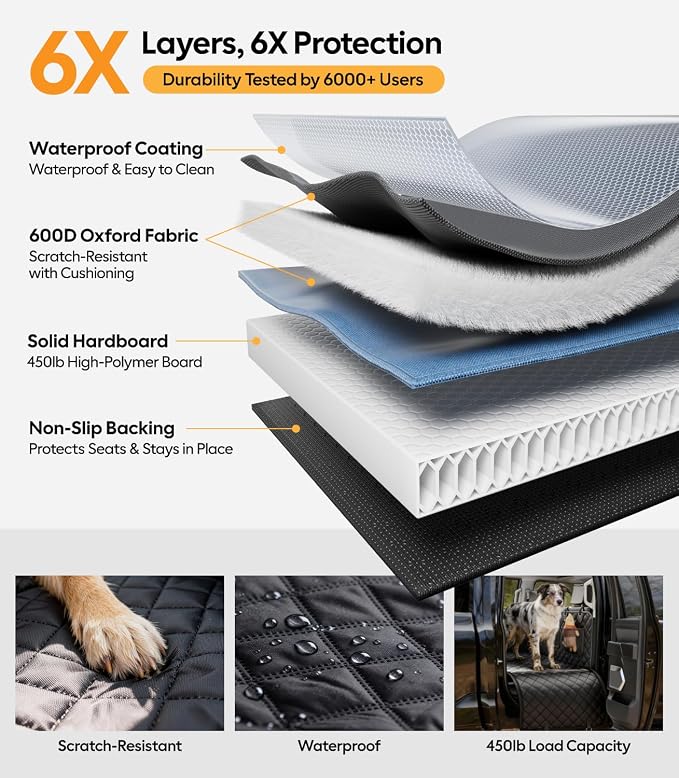 Wigoo Dog Car Seat Cover for Back Seat, Hard Bottom Support, Anti-Scratch | 450lbs Support Waterproof Dog Hammock for 1–4 Medium Dogs, Backseat Protector, Car Bed Extender for Truck/SUV, Size-L, Orange - Image 5