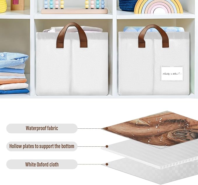 Cute Reading Bear Woodland Animal Storage Basket for Baby with Handles&Label Rectangular Waterproof Nursery Storage Bins Collapsible Organizer Baskets for Kids Cloth Gift Toys Laundry Shelf, 2 PC - Image 5