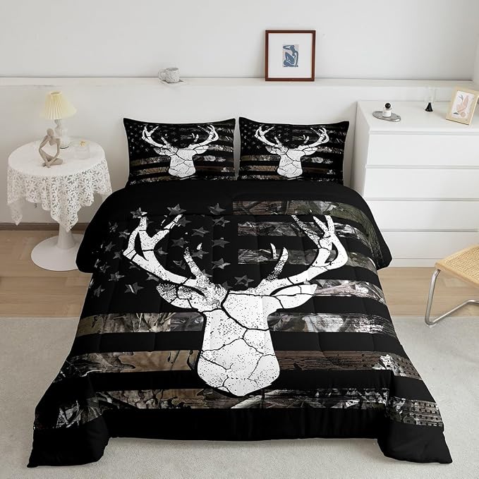 Manfei Antler Comforter Set for Kids Boys Elk Deer Animal Camo Farmhouse Style Bedding Sets Teens Cute Room Decor Camouflage American Flag Comforter with 2 Pillow Cases for All Seasons,Queen by Manfei