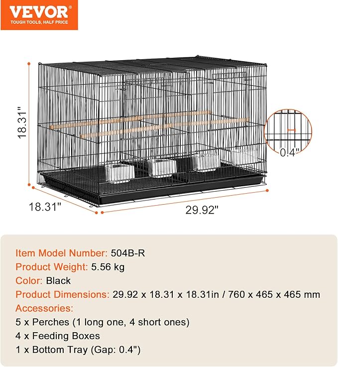 VEVOR 30-inch Flight Bird Cage, Stackable Divided Small Parakeet Cage for Parrots Canaries Cockatiels Lovebirds Finches Budgies Conures Macaws Pet Travel Birdcage with Handle and Perches - Image 7
