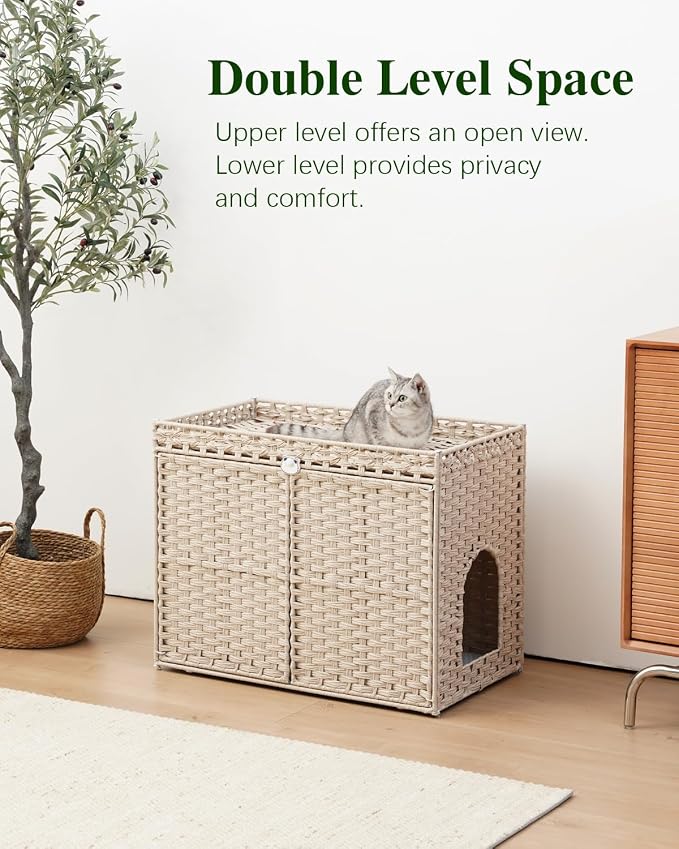 SETVSON Cat Litter Box Enclosure Furniture, Hidden Litter Box, Cat Litter Box Cabinet with 2 Litter Mats, Handwoven Rattan Large Space Cat House Indoor, Living Room, Bedroom, Apartment Light Khaki - Image 2