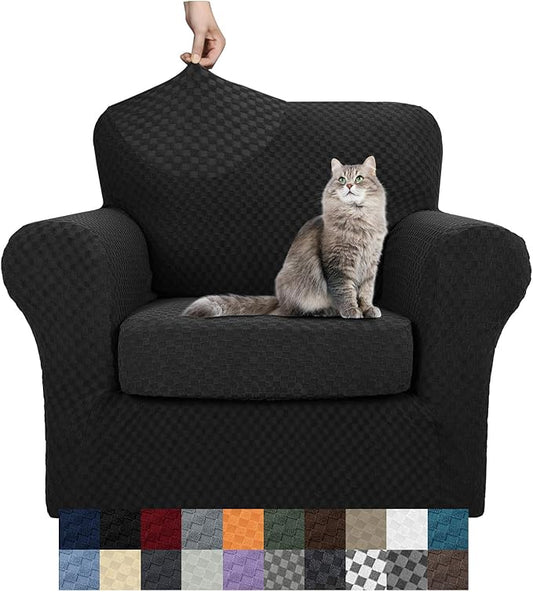 YEMYHOM Latest Checkered 2 Pieces Chair Covers for Living Room High Stretch Thickened Chair Slipcovers with Arms Anti Slip Elastic Armchair Sofa Couch Slipcover Protector (Black), 31"-46"(1 Cushion) by YEMYHOM