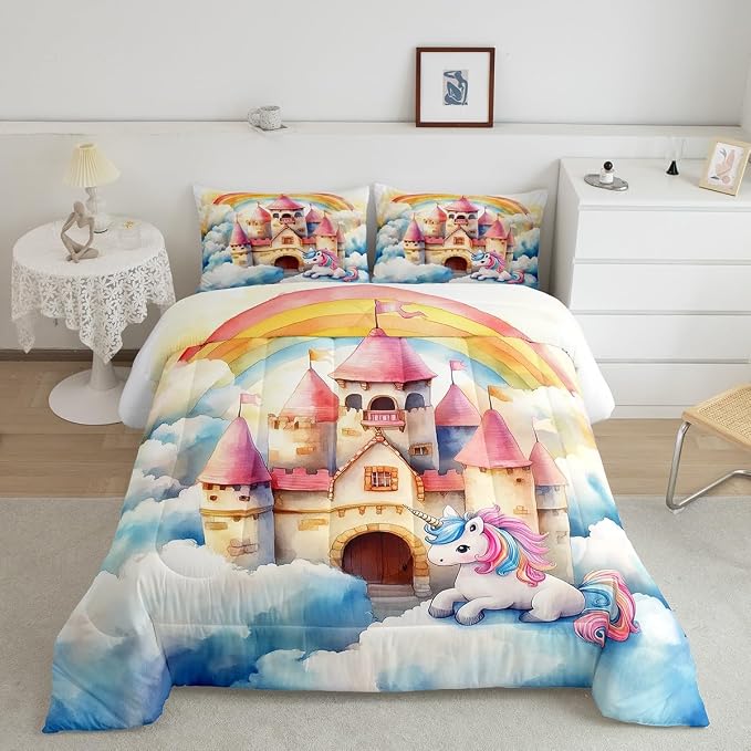 Manfei Princess Castle Comforter Set King Size,Cute Unicorn Dreamy Fairy Tale Girly Bedding Set 3 Pcs for Adults,Fantasy Rainbow Sky Clouds Cartoon Down Comforter,2 Pillowcases by Manfei