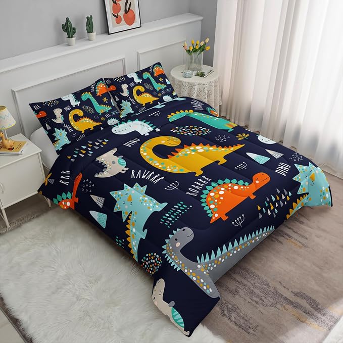 Cartoon Dinosaur Comforter Set Dark Blue Printed Bedding Set with 1 Comforter and 2 Pillowcases for Boys and Girls Bedroom All Season(Dinosaur Twin) - Image 2