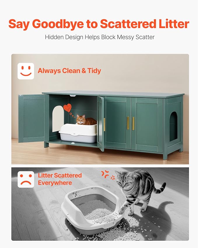 VEVOR Cat Litter Box Enclosure for Multi Cats, 47.2 in Hidden Litter Box Cabinet with 4 Doors & 2 Entries, Indoor Cat Washroom, Wooden Kitty House Furniture Side Table, Fit Most Litterboxes, Green - Image 5
