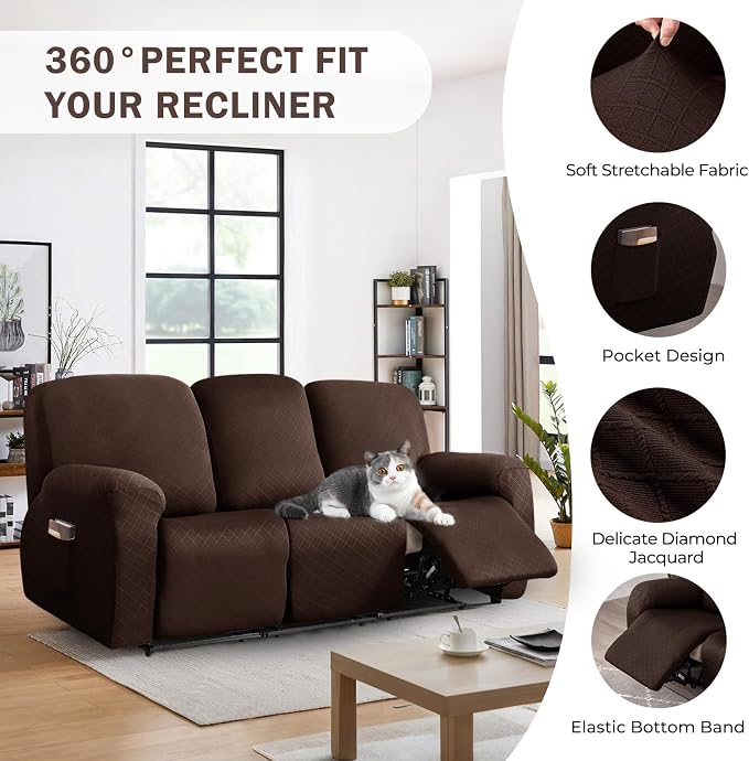 vctops Diamond Recliner Sofa Covers 8-Pieces Stretch Large Couch Covers for 3 Seats Reclining Slipcovers Soft Solid Furniture Protector (Dark Coffee,3 Seat) - Image 4