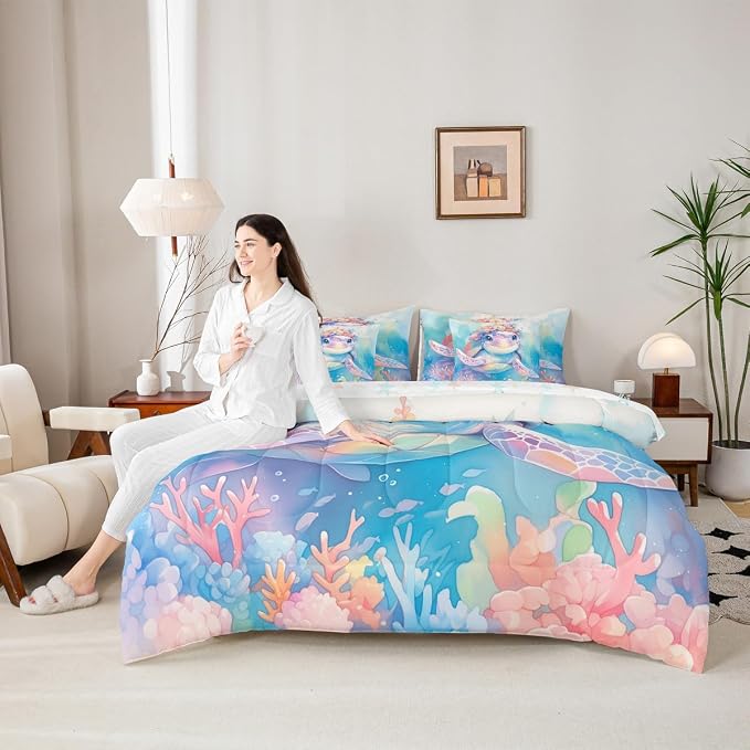 Erosebridal Tortoise King Size Comforter Set with Sheets, Ocean Animal Bed in A Bag for Kids Teens Youth Adults Bedroom, Underwater World Sea Animal 7 Pcs Bedding Set, Watercolour Coral Bed Sets - Image 6