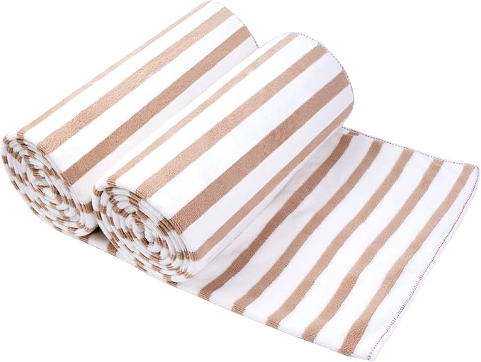 JML Beach Towels Set of 2, 30" x 60", Cabana Stripe Coffee | Hanging Loop, Soft, Absorbent, Quick Dry Bath Towel for Summer Swimming Pool Party, Yoga, Camping by JML