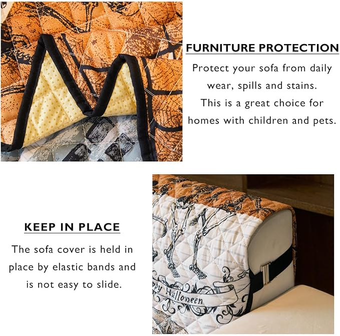 Cmfshape Halloween Sofa Slipcover-Black&Orange with Pumpkin,Spider,Pet Friendly Couch Covers for 3 Cushion Sofa,Washable Sofa Protector for Holiday,Anti-Slip with Elastic Band - Image 5
