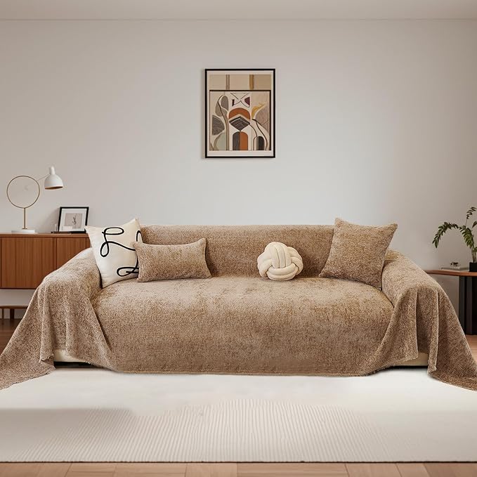 Khaki Soft Durable Slub Chenille Couch Cover Large 71x118’’ | for All Shape Sofa Couch Sofa-Bed Slub Furniture Protector Machine Washable, Solid Camel Tan Sofa Slipcover Dogs Pets Kids by TOYROOM