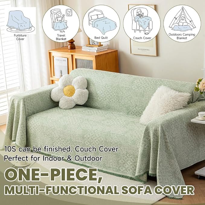 ROOMLIFE Green Sofa Cover, Vintage Boho Couch Cover for 3 Cushion Sofa, Soft Breathable Sofa Cover for Dog, Washable Furniture Sofa Protector Cover Blanket with Tassel for Living Room, 71 '' X 118'' - Image 7