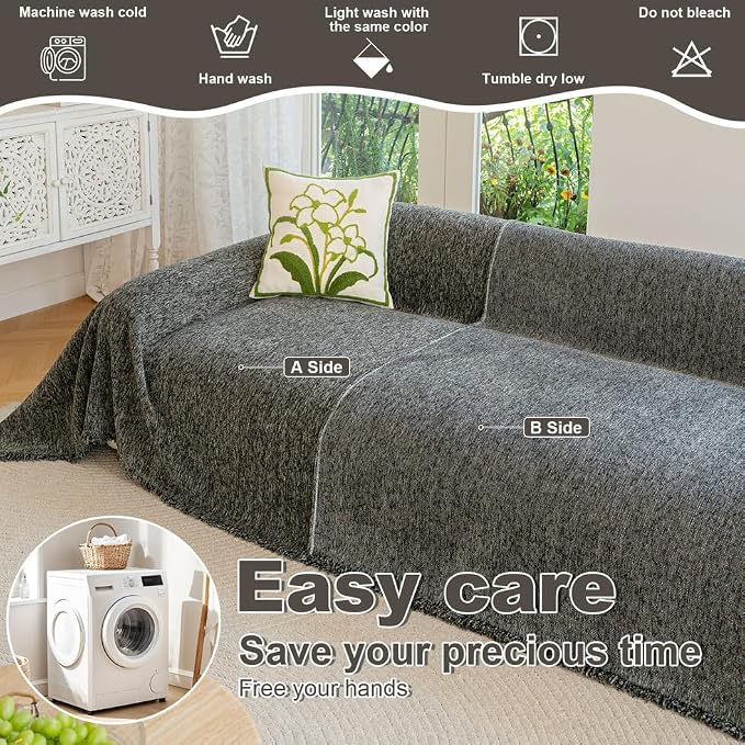 ROOMLIFE Gray Couch Cover Boho Sofa Covers for 3 Cushion Couch Washable, Furniture Protector Sofa Couch Cover for Dogs, Soft Chenille Sofa Slipcover, Couch Throw Blankets with Tassels 71 '' X 134'' - Image 8