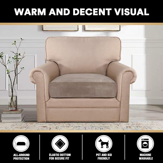 PrinceDeco Velvet Stretch Couch Cushion Cover Soft Cushion Slipcover for Chair Cushion Furniture Protector Seat Cushion Sofa Cover (Width Up to 29.5", Taupe) - Image 3