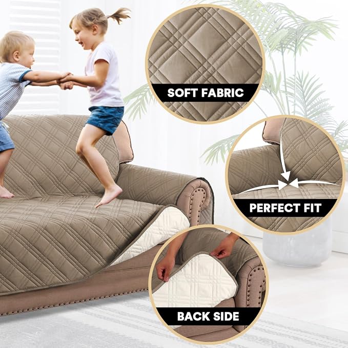 PrinceDeco 100% Waterproof Loveseat Covers for 2 Cushion Couch Sofa Covers Waterproof and Washable Sofa Slipcover with Side Pocket Furniture Protector with Elastic Straps(Loveseat 48", Taupe) - Image 3