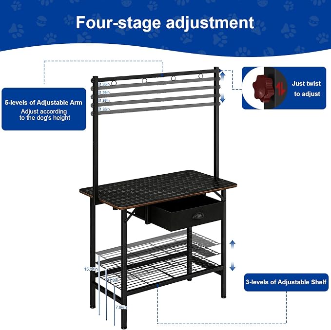 32 Inch Adjustable Dog Grooming Table with Drawer & Non-slip Removable Mat | Pet Grooming Table with Mesh Tray & EVA Protective Lanyard,Professional Grooming Table for small Dogs at Home - Image 4