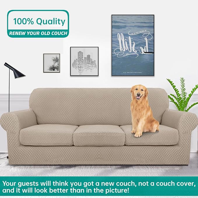 YEMYHOM Latest Checkered 4 Pieces Couch Covers for 3 Cushion Couch Extra Large High Stretch Thickened Sofa Cover for Dogs Anti Slip Furniture Protector Sofa Slipcovers (Khaki), 91"-110"(3 Cushions) - Image 2
