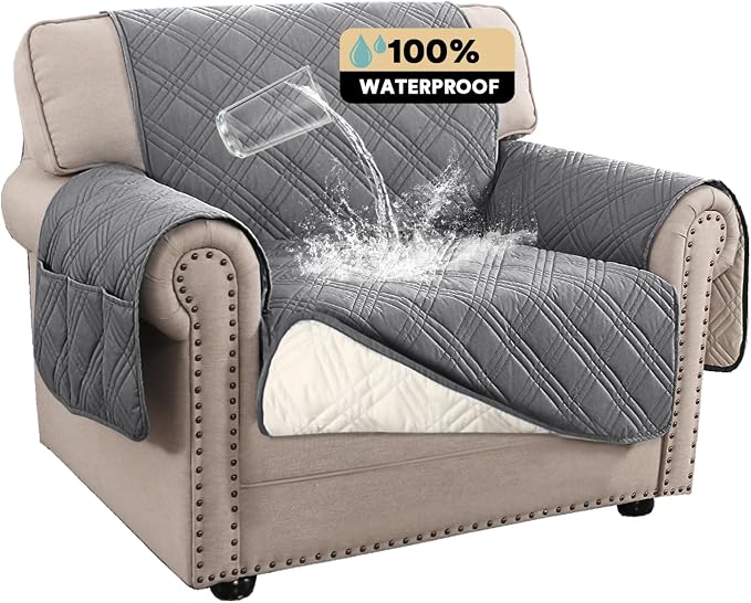 PrinceDeco 100% Waterproof Chair Sofa Slipcover for Living Room Water Resistant Couch Cover Furniture Protector Cover with Elastic Straps for Pets Kids Children Dog Cat(Chair 23", Grey) by PrinceDeco