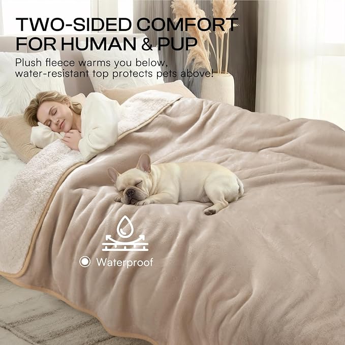 Luciphia Waterproof Pet Blanket, Liquid Pee Proof Dog Blanket for Sofa Bed Couch, Reversible Sherpa Fleece Furniture Protector Cover for Small Medium Large Dogs Cats, Khaki+Beige Large（65" x 57"） - Image 5