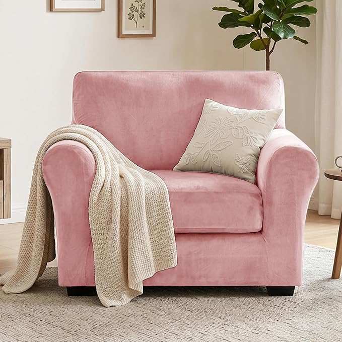 XINEAGE 2-Piece Velvet Armchair Sofa Cover, Couch Covers for Dog,Pink | 1 Cushion Chair,Stretch Non-slip Elastic, Pet-friendly, Washable, Fast Setup, Soft Plush Fabric, Furniture Protector. - Image 4