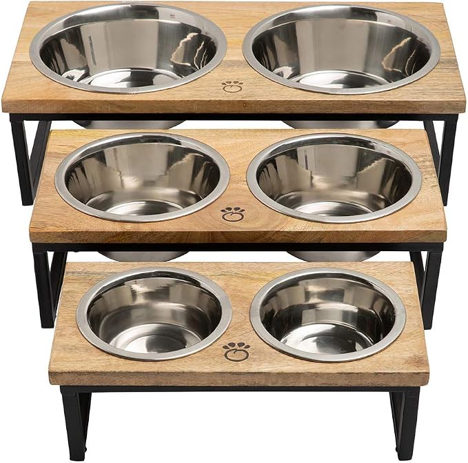 Mango Wood Dog Bowl Stand - Elevated Pet Feeder with 2 Stainless Steel Bowls - Raised Food and Water Dish Set for Dogs and Cats, Available in 4 Sizes, Pet Dining Station, Medium/24oz - Image 4