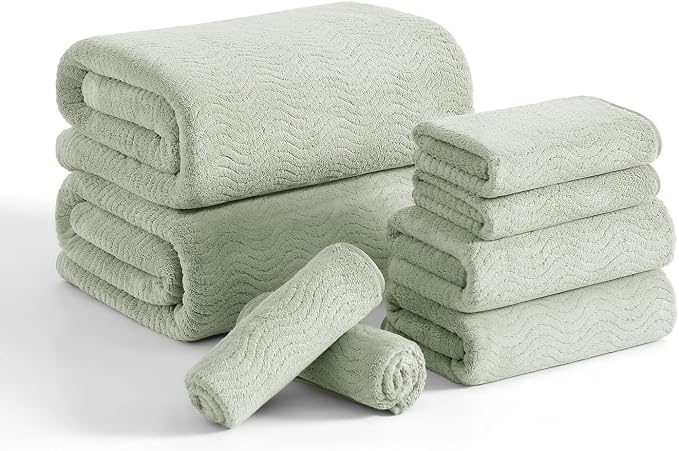 8 Piece Bath Towel Set Green|2 Oversized Large Bath Sheet,2 Hand Towels,4 Washcloths| Ultra Soft Cozy Bath Towel Set for Bathroom Hotel Gym Spa,Highly Absorbent & Quick Dry Bathroom Towel Collections by JessyHome