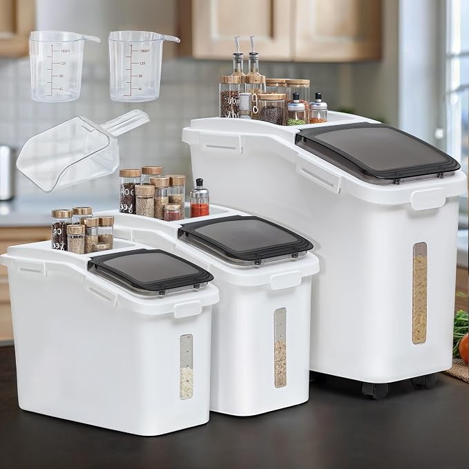 YITAHOME Ingredient Storage Bin, 20.6 Gal(11.4+5.8+3.4 Gal) Commercial Rice Flour Storage Container 500 Cups Storage Bins with Wheels Shelf-storage Bin with Scoop and Lid, Rice Bin for Kitchen, White - Image 3