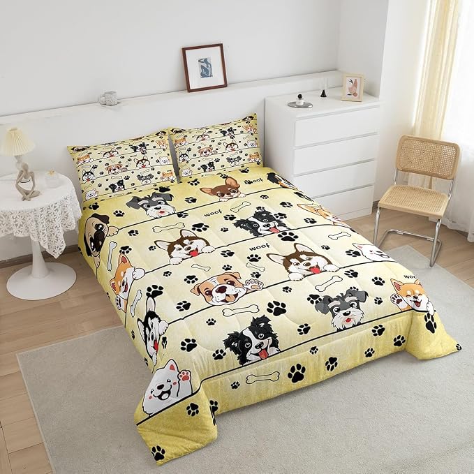 Manfei Kawaii Dog Puppy Comforter Set Queen Size,Likable Paw Print Down Alternative Adults Room Decor,Lovable Dog Pet Animals Ultra Soft Microfiber Inner Fill 3Pcs Bedding - Image 3