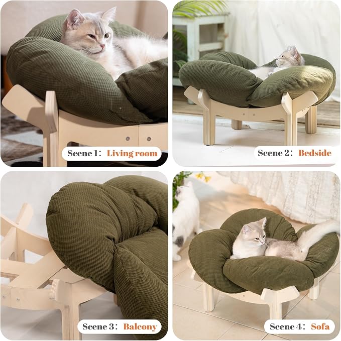 CHEERHOME PETS Elevated Cat Bed Wooden with Cushion Fluffy Pet Couch Sofa for Indoor Cats Raised Kitty Lounge Chair Suitable for Puppy, Cat Furniture(Green) - Image 8