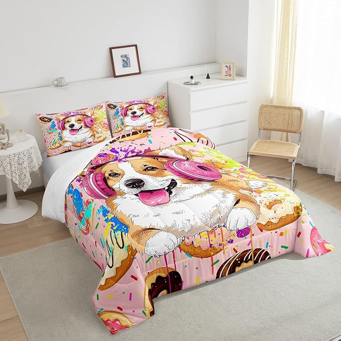 Homewish Watercolor Donuts Comforter Set King Size 3pcs, Graffiti Cartoon Dog Cute Animal Print Bedding Set for Kids Girls Boys, Dessert and Animal Theme Polyester Quilt Duvet for Dorm Bedroom, Pink - Image 5