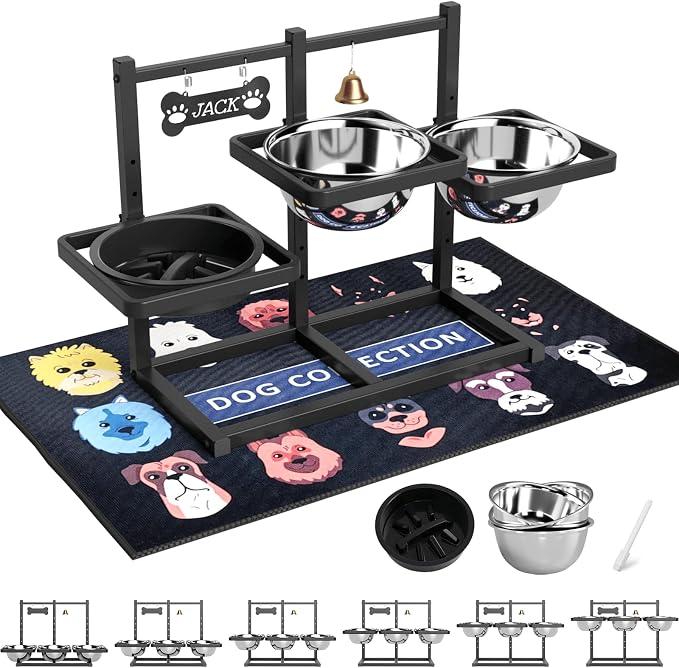 Elevated Dog Bowl Stand for Medium/Large Dogs with Slow Feeder & Mat, Adjustable Height 3.9'',5.5'',7.1'',8.7'',10.2'',11.8'', 58oz Raised Triple Dog Food Water Bowls by SHAINFUN