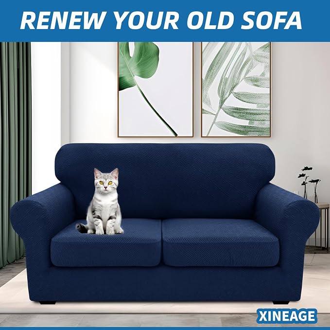 XINEAGE 2026 New 3 Pieces Couch Covers for 2 Cushion Sofa Super Stretch Loveseat Slipcover Pet Dog Universal Slip Cover Anti Slip Love Seat Furniture Protector (Navy Blue, 55"-69") - Image 4