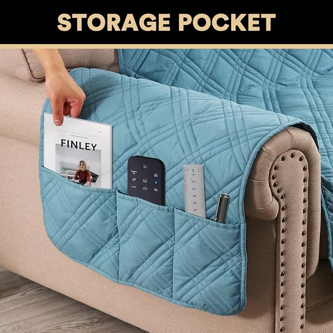 PrinceDeco 100% Waterproof Chair Sofa Slipcover for Living Room Water Resistant Couch Cover Furniture Protector Cover with Elastic Straps for Pets Kids Children Dog Cat(Chair 23", Smoke Blue) - Image 4