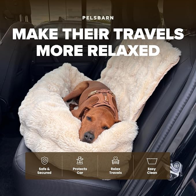 Pelsbarn Luxurious Cozy Car Bed - M/L Luxury Travel Dog Bed with Safety Belt - Ultra Soft Faux Fur - Beige