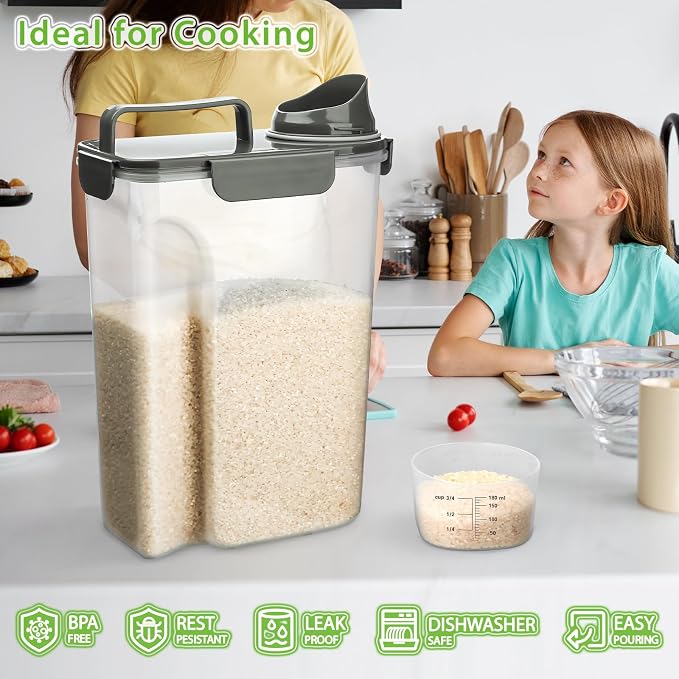 Viretec Rice Storage Container, 5 to 10lb Dry Food Airtight Dispenser, Pet Dog Cat Food Canister, BPA Free Clear Plastic Kitchen and Pantry Bin for Oatmeal, Cereal, Pasta, Flour Pack of 2 Grey - Image 5