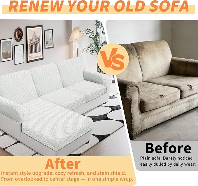 YEMYHOM Couch Cushion Covers for Sofa, Stretch Sectional Couch Seat Cushion Covers Washable Thick Furniture Protector Sofa Slipcovers for Pets (2 Seater + 1 Chaise, White) - Image 4