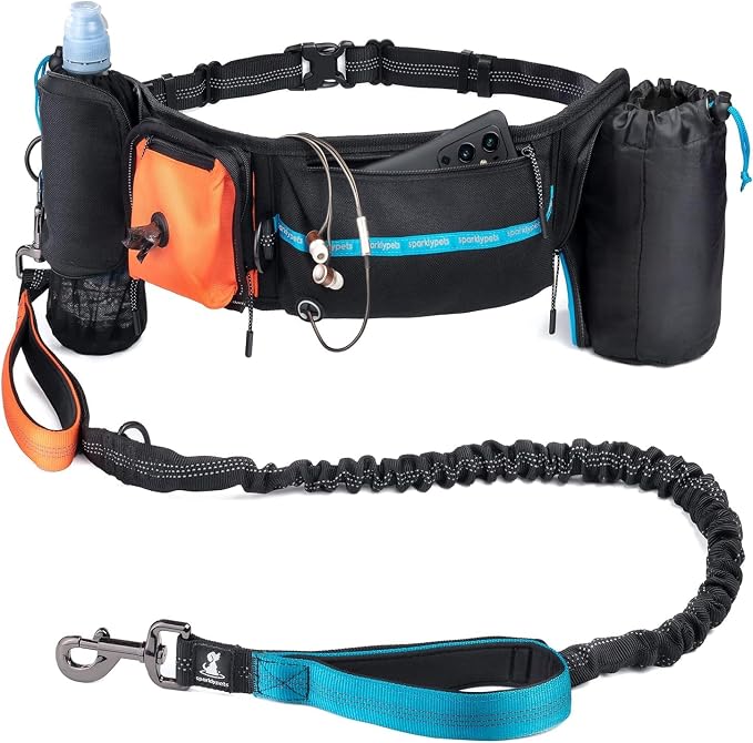SparklyPets Active Waist Leash for Dog Walking Pack – Hands Free Dog Leash for Medium & Large Breeds – Complete Gear with Phone Holder, Detachable Poop Bag, Treat Pouch, and Bottle Holder by SparklyPets