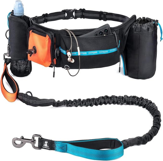 SparklyPets Active Waist Leash for Dog Walking Pack – Hands Free Dog Leash for Medium & Large Breeds – Complete Gear with Phone Holder, Detachable Poop Bag, Treat Pouch, and Bottle Holder by SparklyPets
