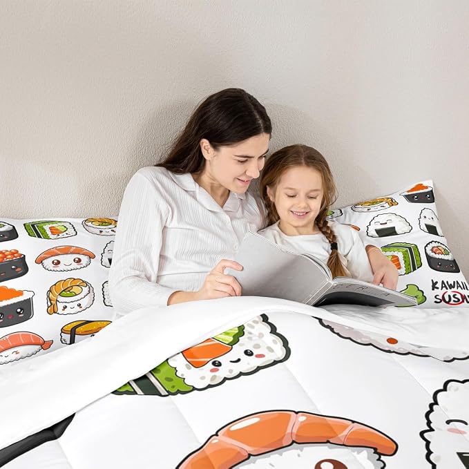 Erosebridal Kawaii Sushi Pattern Comforter Set King, Japanese Style Down Comforter, Food Theme Quilted Duvet for Kids Boys Girls Teens, Cute Cartoon Japanese Sushi Quilt Set Room Decorative - Image 5