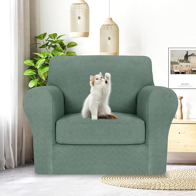 MAXIJIN 2 Piece Chair Covers Chair Slipcover with Arms, Sofa Chair Cover for Living Room Armchair Cover, Stretch Pet Dog Slip Cover for A Chair with 1 Cushion (31"-46", Pea Green) - Image 2