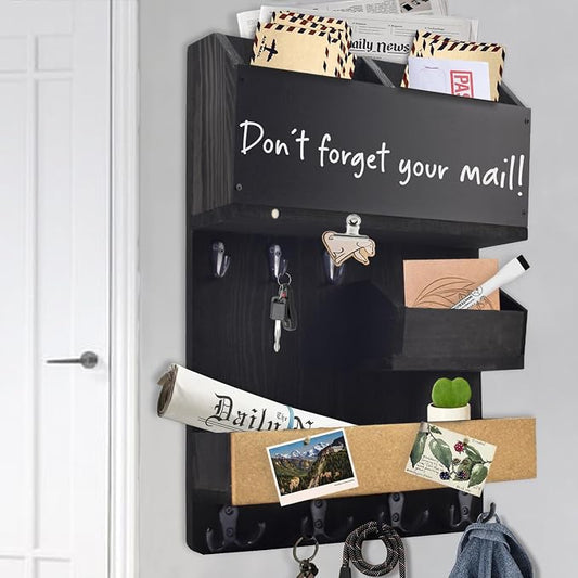 Mail Organizer Wall Mount，Key Holder Mail and Key Organizer for Wall with Shelf, Chalkboard, Corkboard, Home Decor for Room Office Entryway(Midnight Black) by HEKOOLA