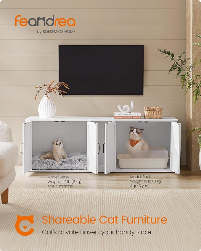 Feandrea Double Cat Litter Box Enclosure, Modern Litter Box Furniture Hidden for 2 Cats, Front Entry, Cat House, Side End Table, TV Stand, 59 x 19 x 19.5 Inches, Cloud White UPCL010W01 - Image 2