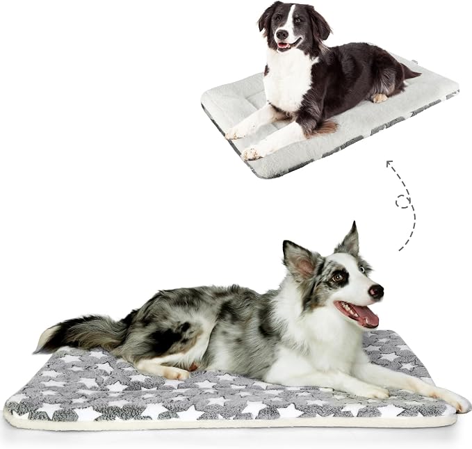 Mora Pets Dog Bed Crate Pad Ultra Soft Pet Bed with Cute Star Print Washable Crate Mat for Large Medium Small Dogs Reversible Fleece Dog Crate Kennel Mat Cat Bed Liner 35 x 22.8 inch Grey by MoraPets