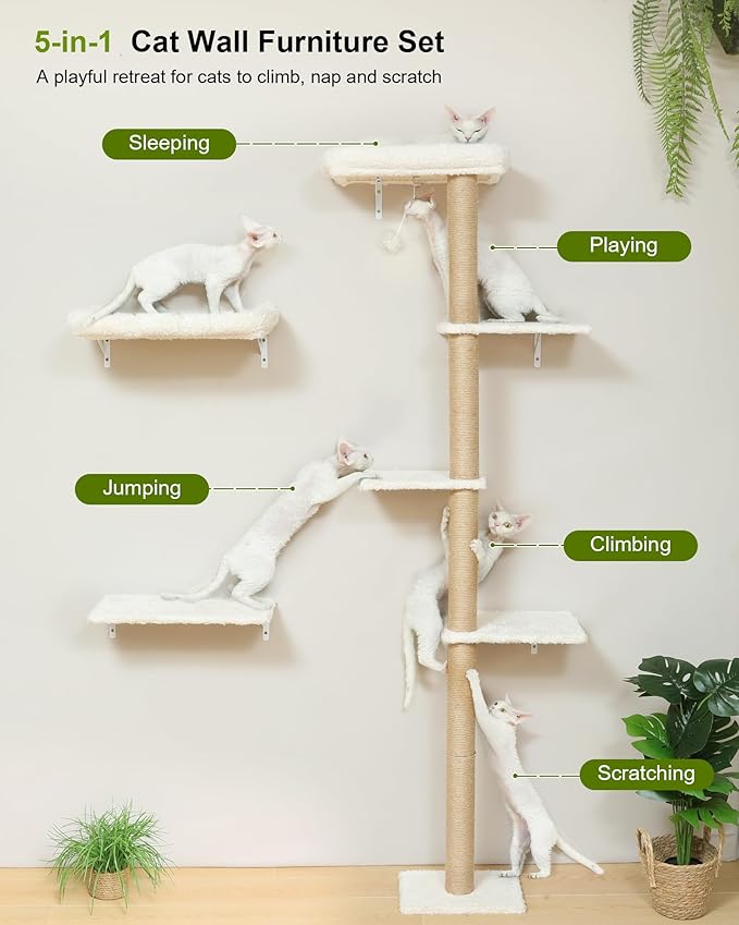 FUKUMARU Cat Wall Shelves Set, 70 inch Wall Mounted Tree, Beige | Kitten Scratching Post with Soft Cushion Perch, Space Saving Climbing Wall Furniture for 16 Inch Drywall - Image 2