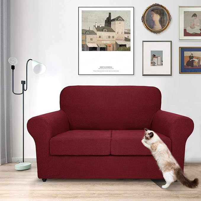 MAXIJIN 3 Piece Couch Covers for 2 Cushion Couch Super Stretch Loveseat Slipcover Dogs Pet Proof Fitted Furniture Protector Spandex Non Slip Sofa Love Seat Cover Washable (Loveseat, Wine Red) - Image 2