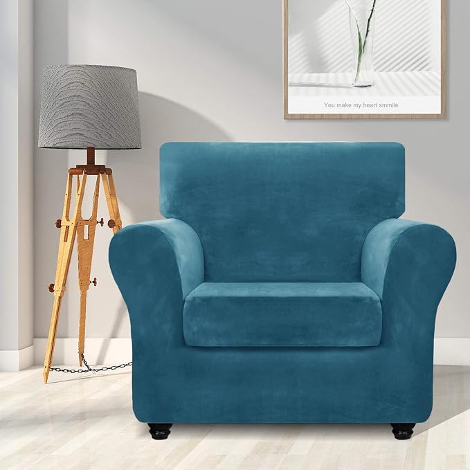 ZNSAYOTX Luxury Velvet Chair Slipcovers with Arm 2 Piece Stretch Chair Covers for Living Room Thick Soft Armchair Slipcover Anti Slip Pet Friendly Furniture Protector (Peacock Blue),30"-47"(1 CUSHION) - Image 2